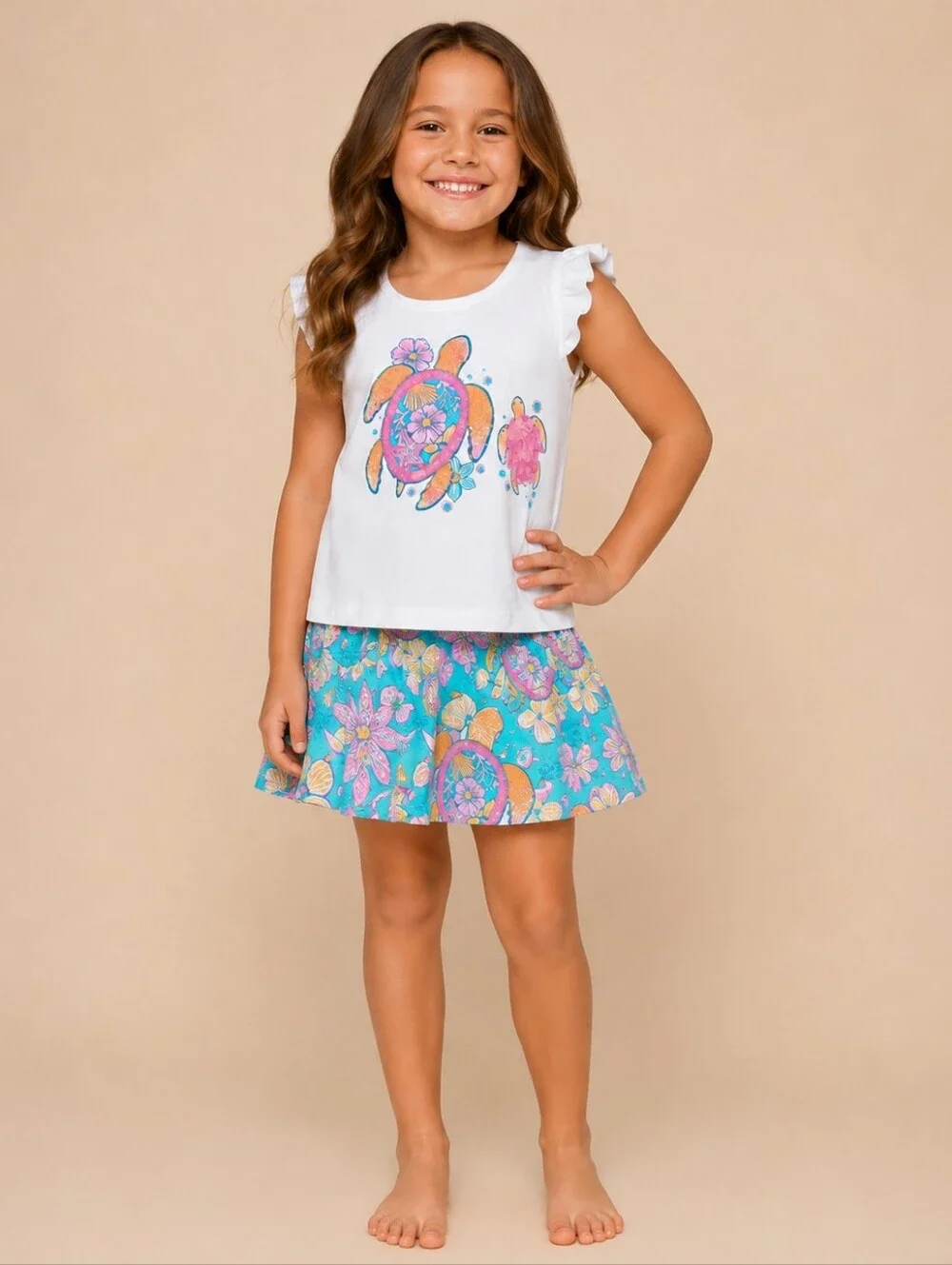 Ocean Adventures Sea Turtle 2-Piece Skirt Set - White & Turquoise